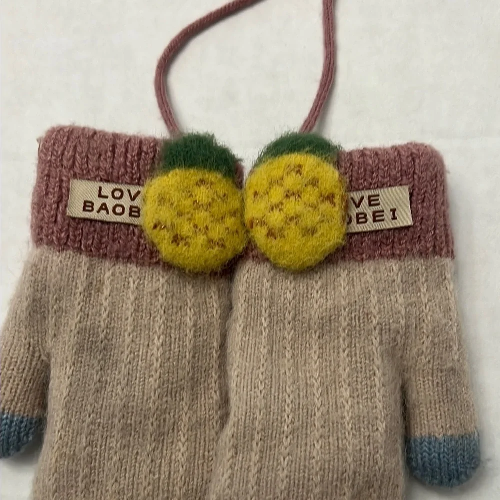 Cozy Beige and Blue Kids Mittens with Pom-Poms